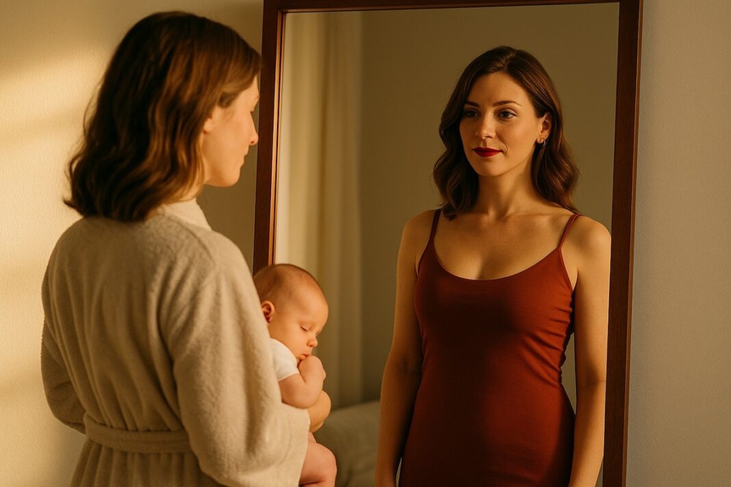 Donna con bambino guarda nello specchio il suo riflesso sensuale: simbolo della dualità madre-puttana nel patriarcato.