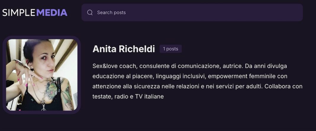 Schermata della pagina autore di Anita Richeldi su SimpleMedia, con elenco degli articoli pubblicati su consenso, confini e comunicazione inclusiva.