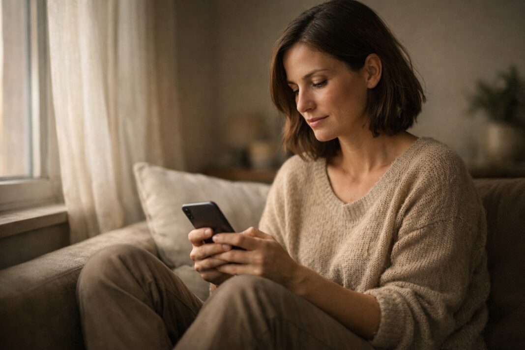 Personə sedutə in casa con smartphone, atmosfera calma e riflessiva