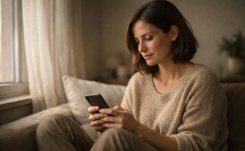 Personə sedutə in casa con smartphone, atmosfera calma e riflessiva