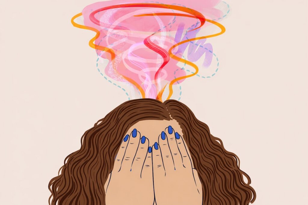 Illustrazione di una donna con le mani sul viso e un “vortice” colorato sopra la testa, simbolo di stress e confusione mentale