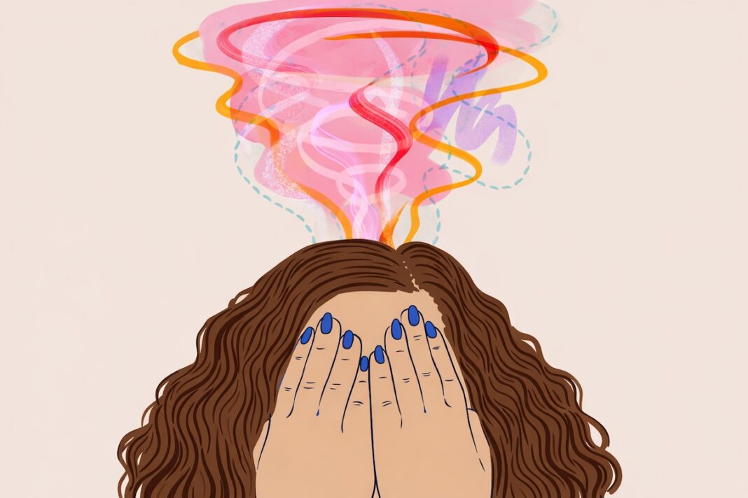 Illustrazione di una donna con le mani sul viso e un “vortice” colorato sopra la testa, simbolo di stress e confusione mentale