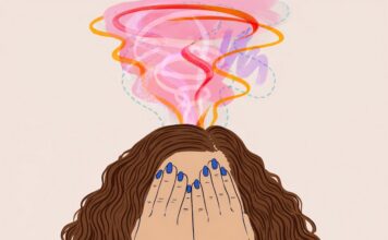 Illustrazione di una donna con le mani sul viso e un “vortice” colorato sopra la testa, simbolo di stress e confusione mentale