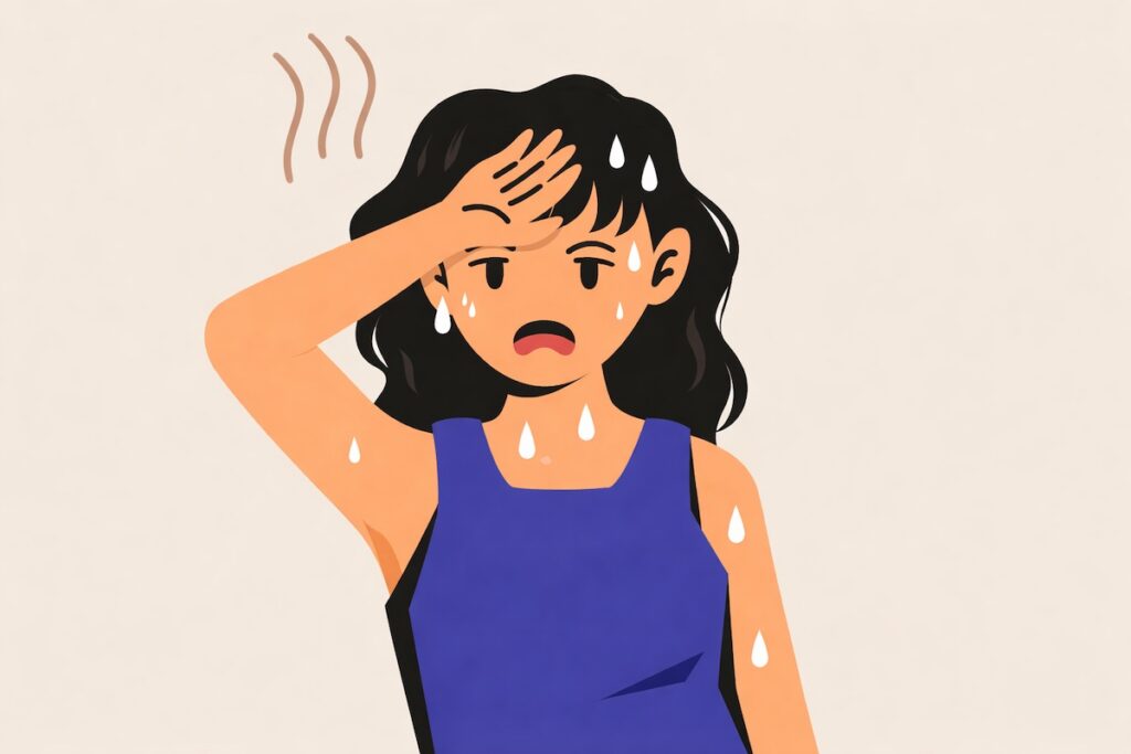 Illustrazione di una donna accaldata con sudorazione e segni di vampate di calore