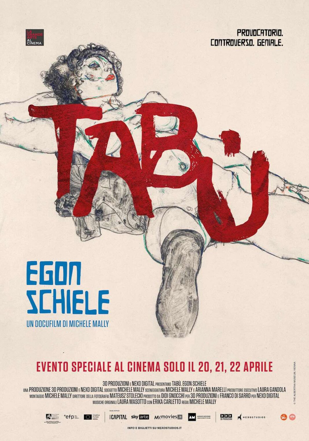 Poster ufficiale del docufilm Tabù Egon Schiele distribuito da Nexo Studios nelle sale italiane