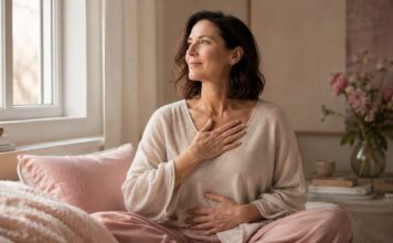 Donna matura in un momento di ascolto del corpo per rappresentare menopausa e desiderio sessuale.