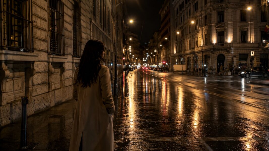 Donna sola in strada di notte in un contesto urbano, immagine simbolica della vulnerabilità e della sicurezza delle sex worker