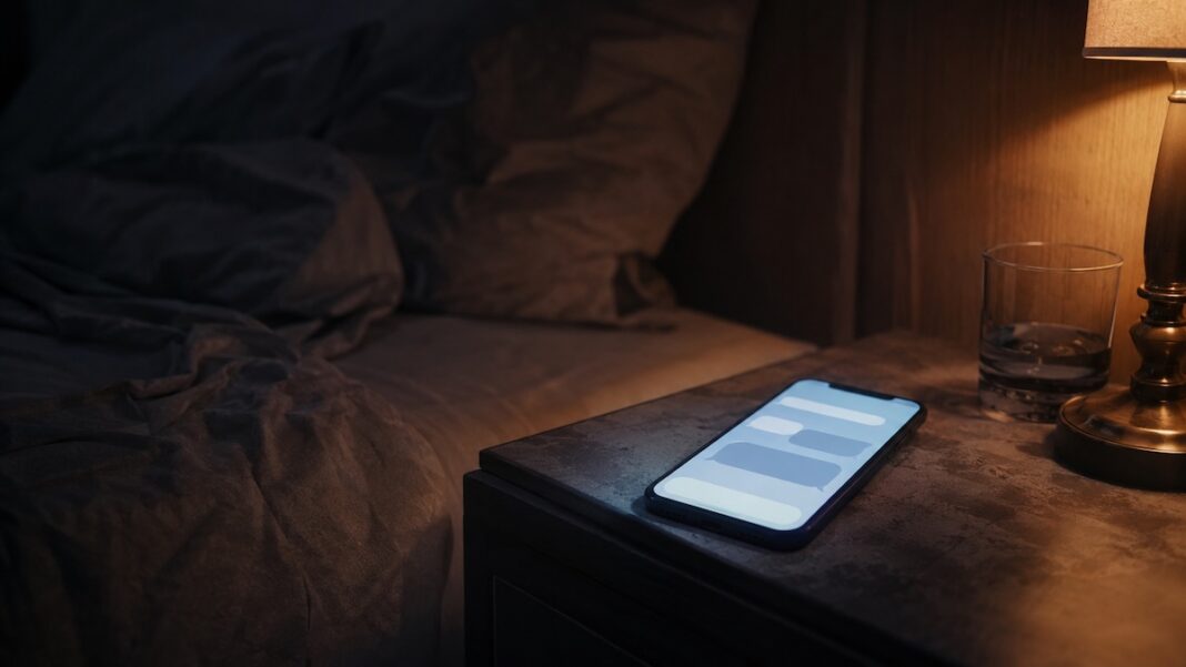 Smartphone con chat generica su comodino in un contesto di intimità digitale
