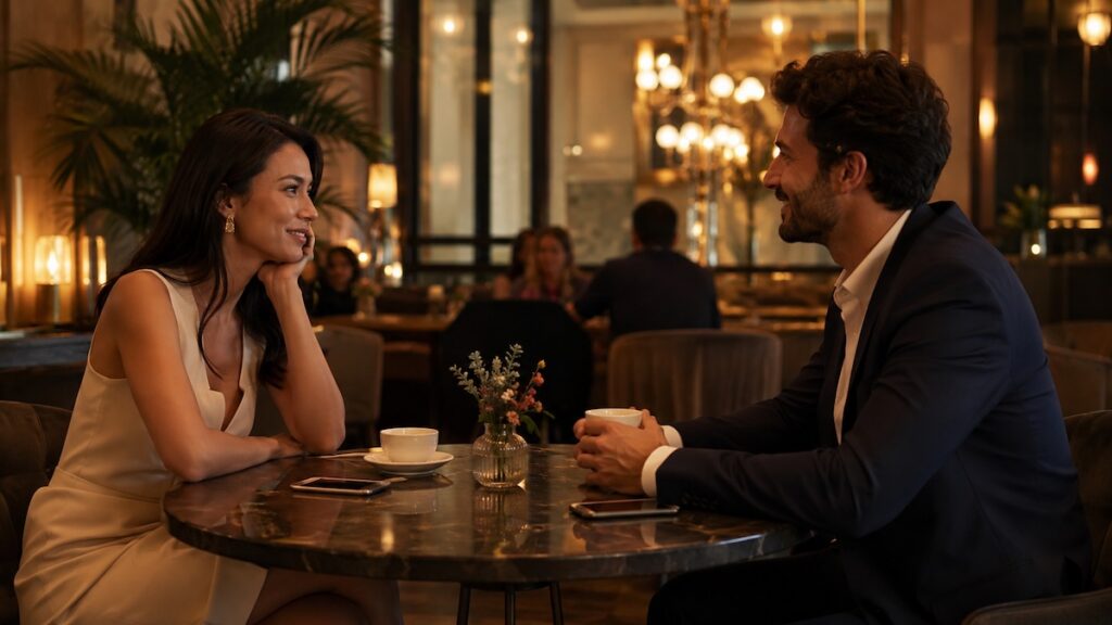Due persone adulte a un tavolino con smartphone, simbolo delle dating app e delle relazioni contemporanee.