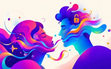 Illustrazione astratta di due profili che comunicano attraverso flussi colorati, simbolo del dirty talking e del desiderio espresso con le parole.