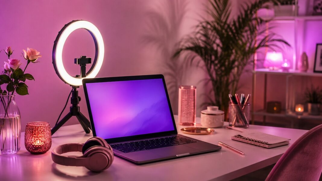 Postazione creator con laptop e ring light, simbolo del sex work digitale e della creator economy erotica.