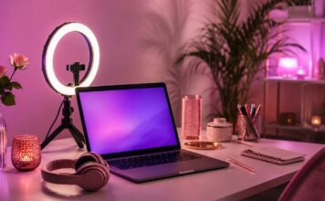 Postazione creator con laptop e ring light, simbolo del sex work digitale e della creator economy erotica.