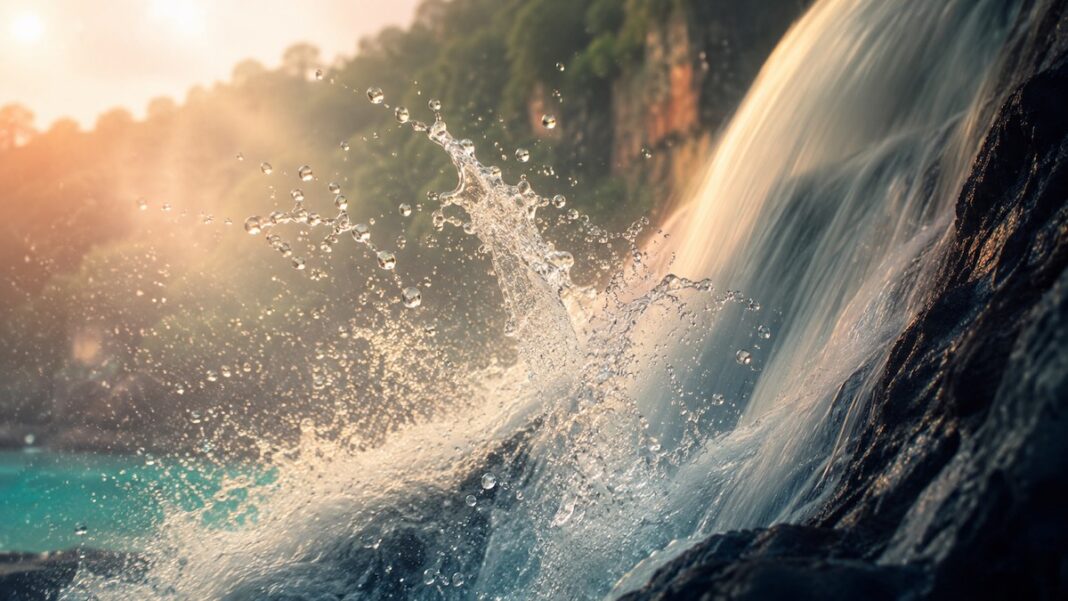 Getto d'acqua di una cascata illuminato dalla luce naturale, immagine evocativa sul tema dello squirting