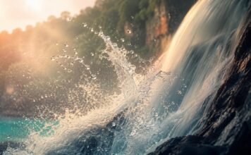 Getto d'acqua di una cascata illuminato dalla luce naturale, immagine evocativa sul tema dello squirting