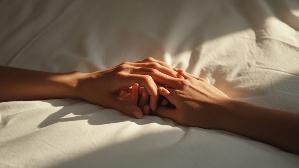 Due mani delicatamente intrecciate su un letto morbido, immagine sul tema della reciprocità e della comunicazione nel sesso di coppia