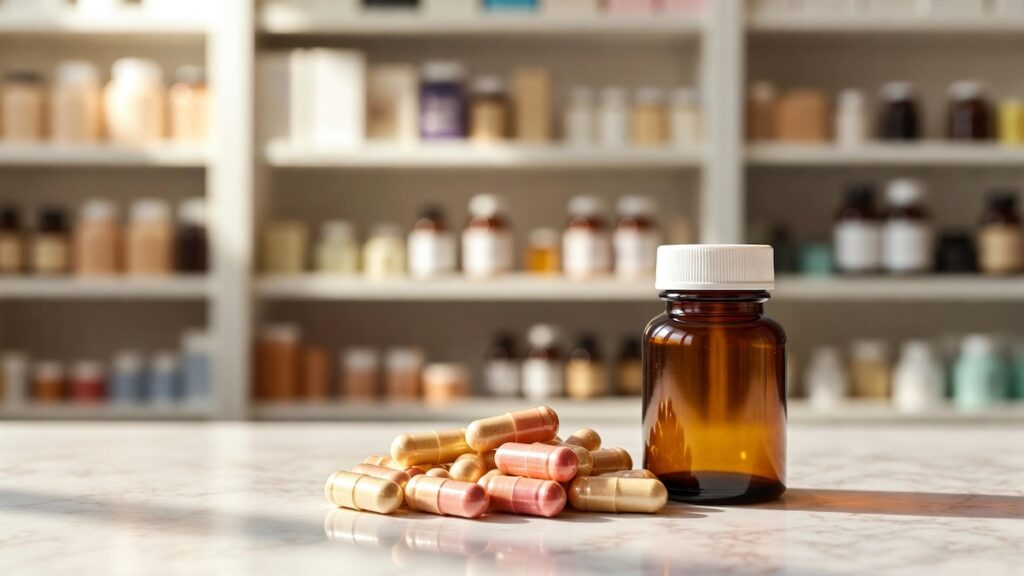 Capsule e integratori su superficie chiara con farmacia sullo sfondo, immagine sugli eccitanti per donne in farmacia