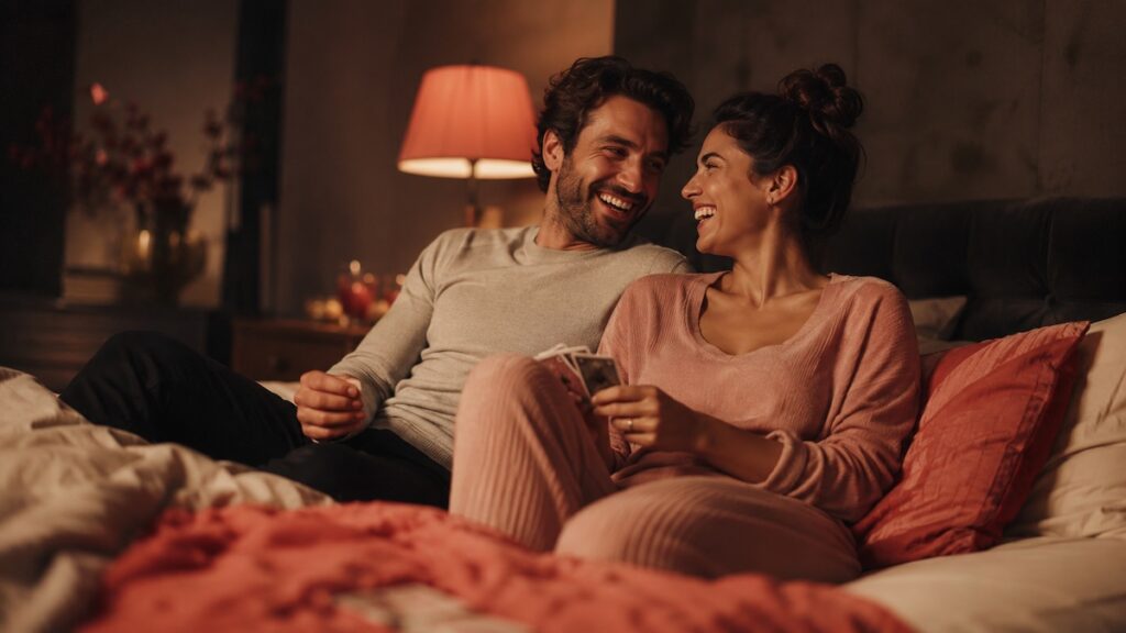 Coppia adulta che ride giocando insieme a letto con carte e dadi in luce calda, immagine sui giochi erotici per donne e di coppia