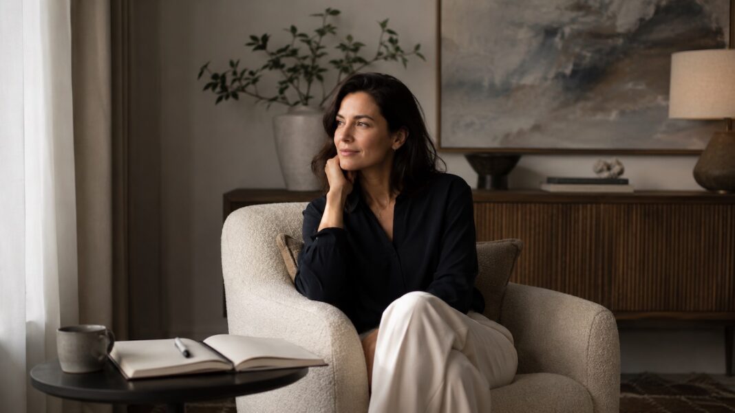 Donna adulta durante una consulenza con una love coach in uno studio elegante.