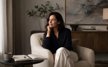 Donna adulta durante una consulenza con una love coach in uno studio elegante.