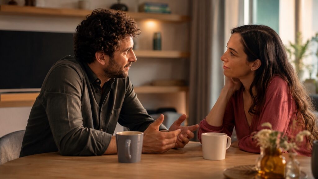 coppia adulta che parla rappresenta il dialogo sulle fantasie taboo nella relazione