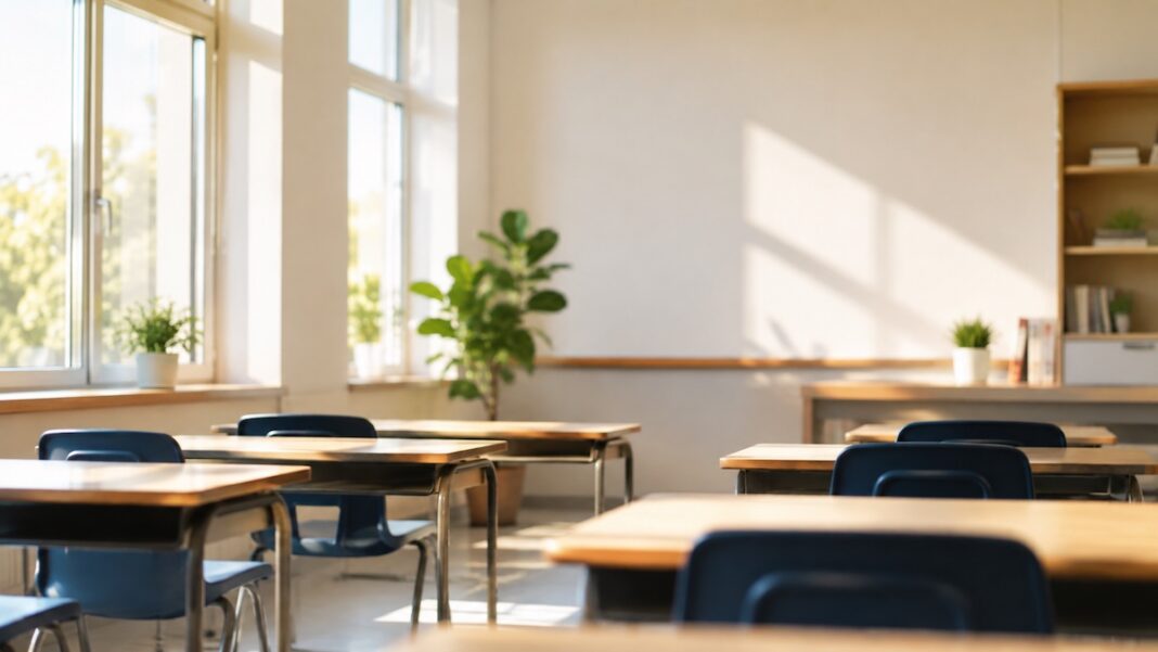 Aula scolastica luminosa con banchi vuoti, immagine sull'educazione sessuale nelle scuole e sulla legge che la regola