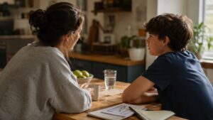 Genitore e figlio adolescente parlano seduti al tavolo, immagine sul ruolo della famiglia nell'educazione affettiva e sessuale