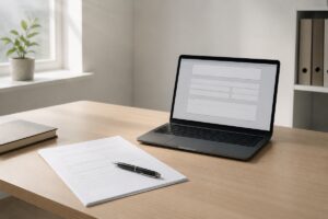 Penna e documento accanto a un computer portatile, immagine sulla raccolta firme per il referendum sulla legge 104