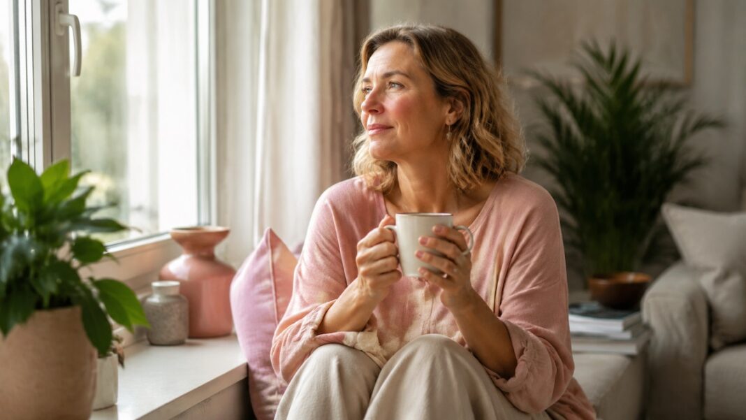 Donna adulta pratica mindfulness vicino a una finestra durante la menopausa