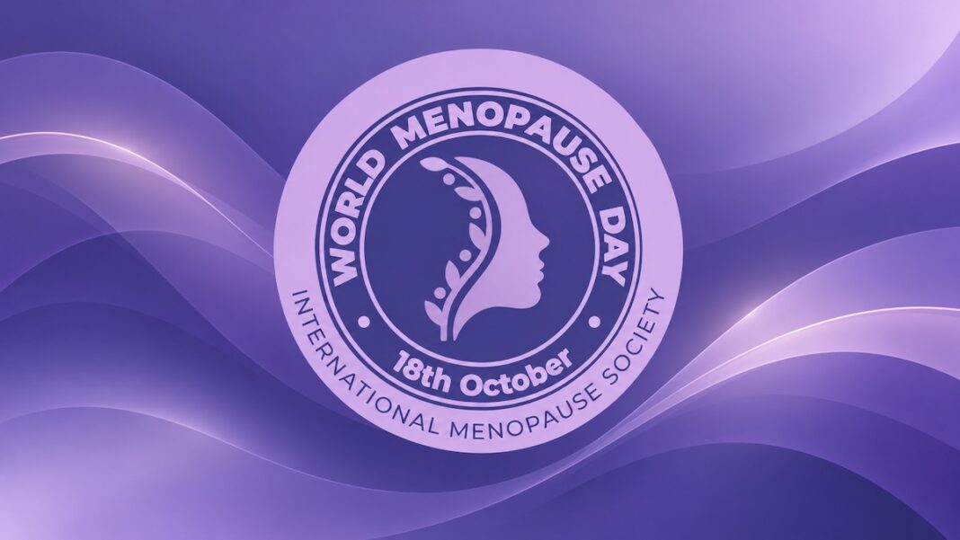 Logo ufficiale World Menopause Day dell'International Menopause Society su sfondo viola